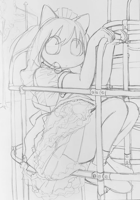 とりあえずデカいルーズリーフに、自前の資料用写真を参考にしながらざくざく描いたラフ絵
逆光で猫耳の皮膚が透けてる絵にしたいんだけど、それがうまくいくか…塗りにかかってる!
現時点でのポイントはパニエのふわふわ 