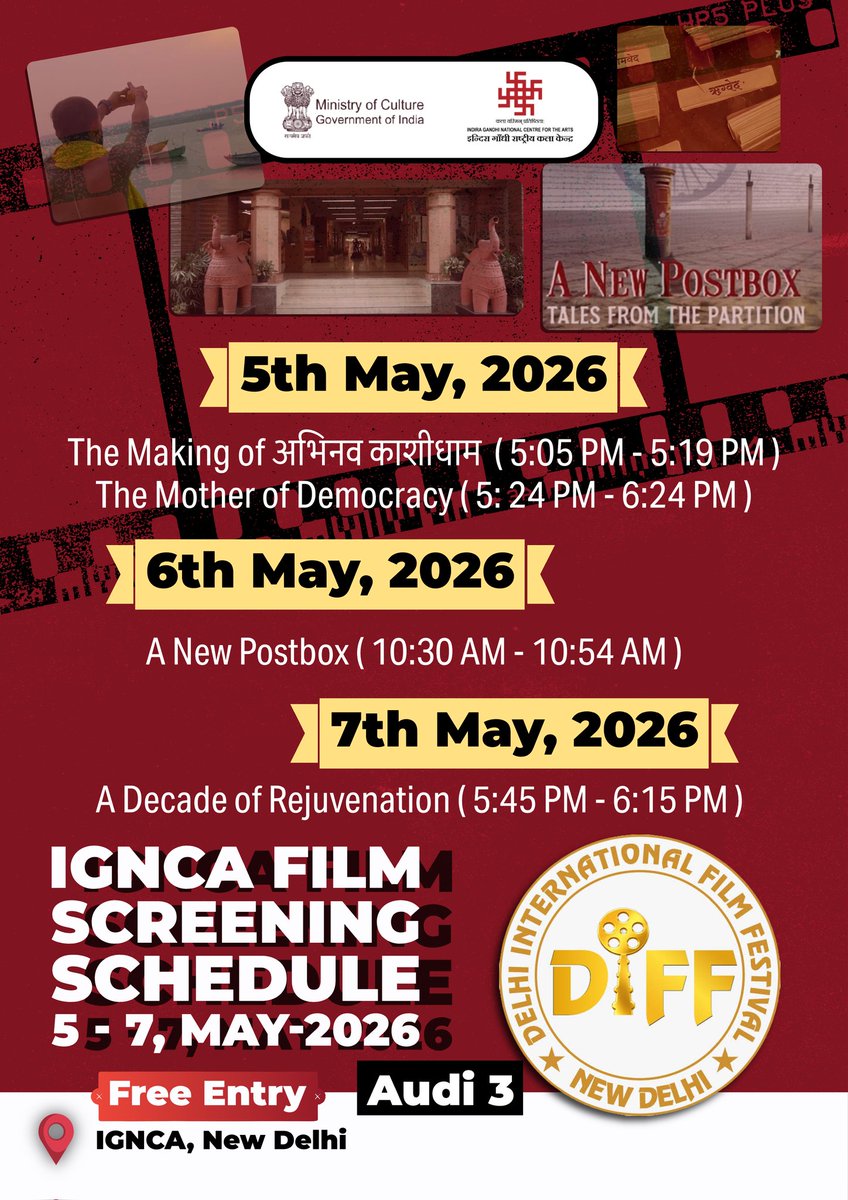 ignca_delhi's tweet photo. Experience powerful storytelling at the 15th Delhi International Film Festival 🎬
IGNCA presents a curated lineup of films from 5th–7th May 2026.
📍 Audi 3, IGNCA, New Delhi
🎟️ Free Entry
Join us for cinema that inspires and connects.
#DIFF2026 #DelhiInternationalFilmFestival #IGNCA #FilmScreening #DelhiEvents #CinemaCulture
@MinOfCultureGoI @DIFFfestival