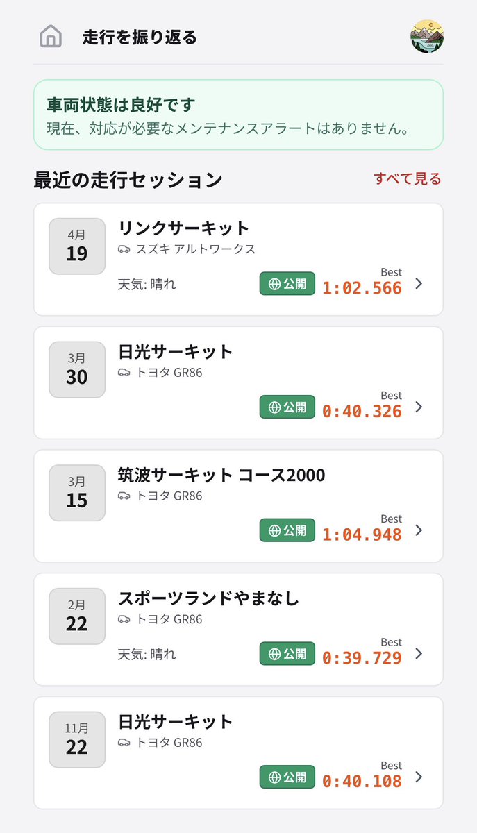 sugi_GR86_yan's tweet photo. PITBRAINの使い方③｜帰宅後の振り返り

走行を振り返る→該当走行日をクリック

・その日のセッション毎のベスト/セッティング変更などがみれます
・AIがその日の統括レポートを生成
・次回に向けた改善もそのままチャットで可能

→「何が良くて何がダメだったか」が整理されます

#pitbrain https://t.co/rwMnmysgTW