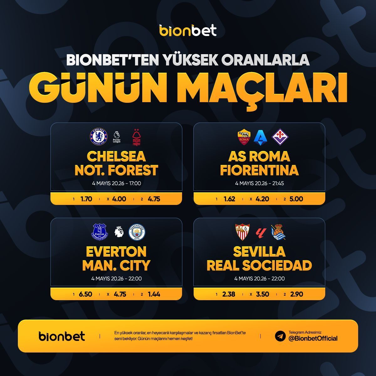 Bionresmi's tweet photo. Premier Lig’den Serie A’ya kadar Avrupa devleri sahne alıyor.

Chelsea, Roma ve Man. City gibi ekiplerin kıran kırana geçecek mücadeleler sizi bekliyor! https://t.co/YlihWSmrEL