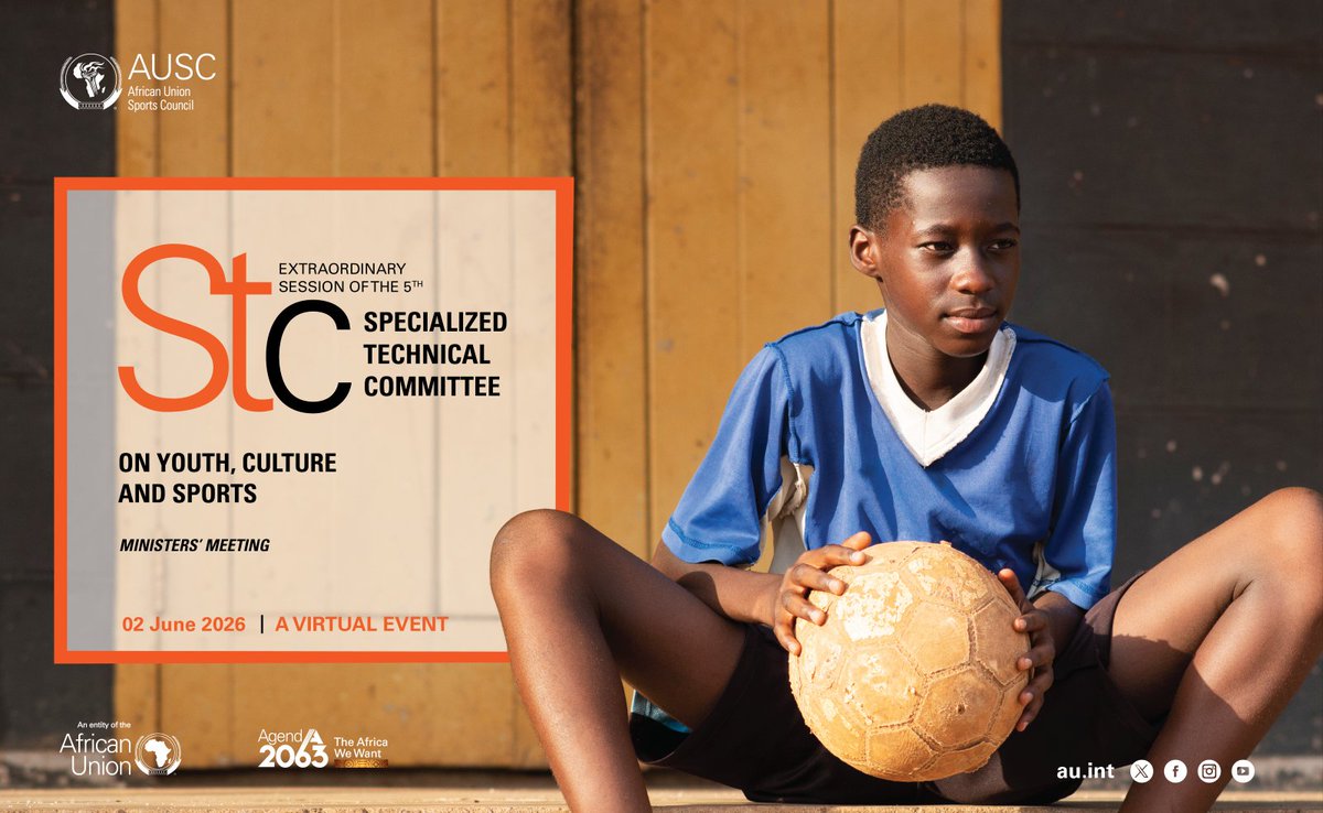 AfricanUnionSp1's tweet photo. The African Union will convene a virtual Extraordinary Session of the 5th Specialized Technical Committee on Youth, Culture and  Sports (STC YCS5).

Experts: 19 May 2026 | Ministers: 2 June 2026,  1:00 p.m. (Addis Ababa time). https://t.co/jxE2r9e9RI