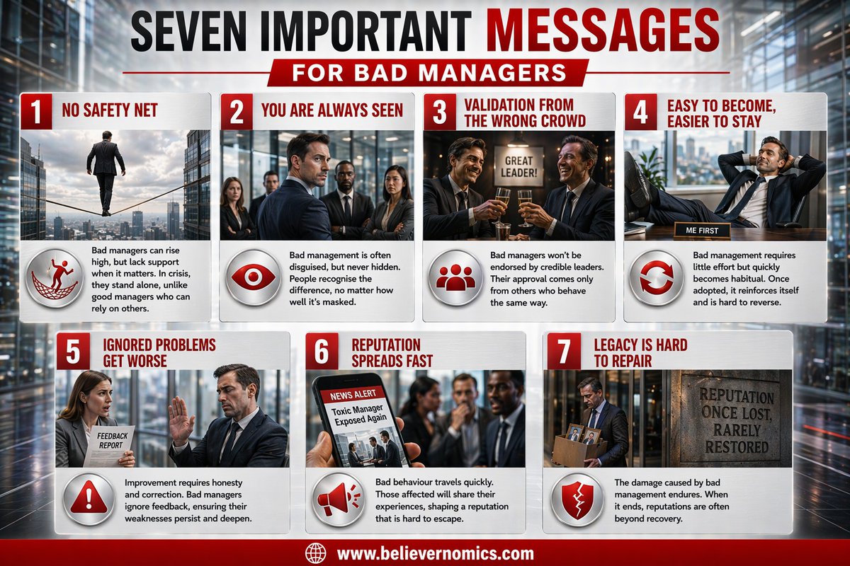 Believernomics's tweet image. Seven important messages for bad managers. #leadership #business #success #startup #infographics #infographic #entrepreneur #mondayvibes #mondaythoughts #mondaymotivation