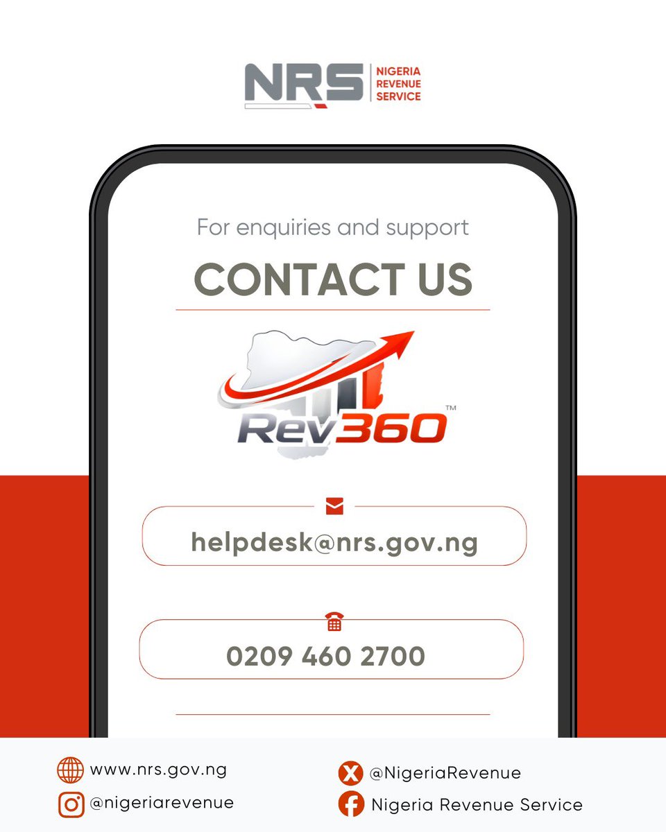 NigeriaRevenue's tweet image. Need help with Rev360? We’ve got you covered.

For enquiries, support and guidance on using Rev360 by NRS, reach out to us anytime:
📧 helpdesk@nrs.gov.ng
📞 0209 460 2700

#Rev360 #CustomerSupport #NigeriaRevenueService