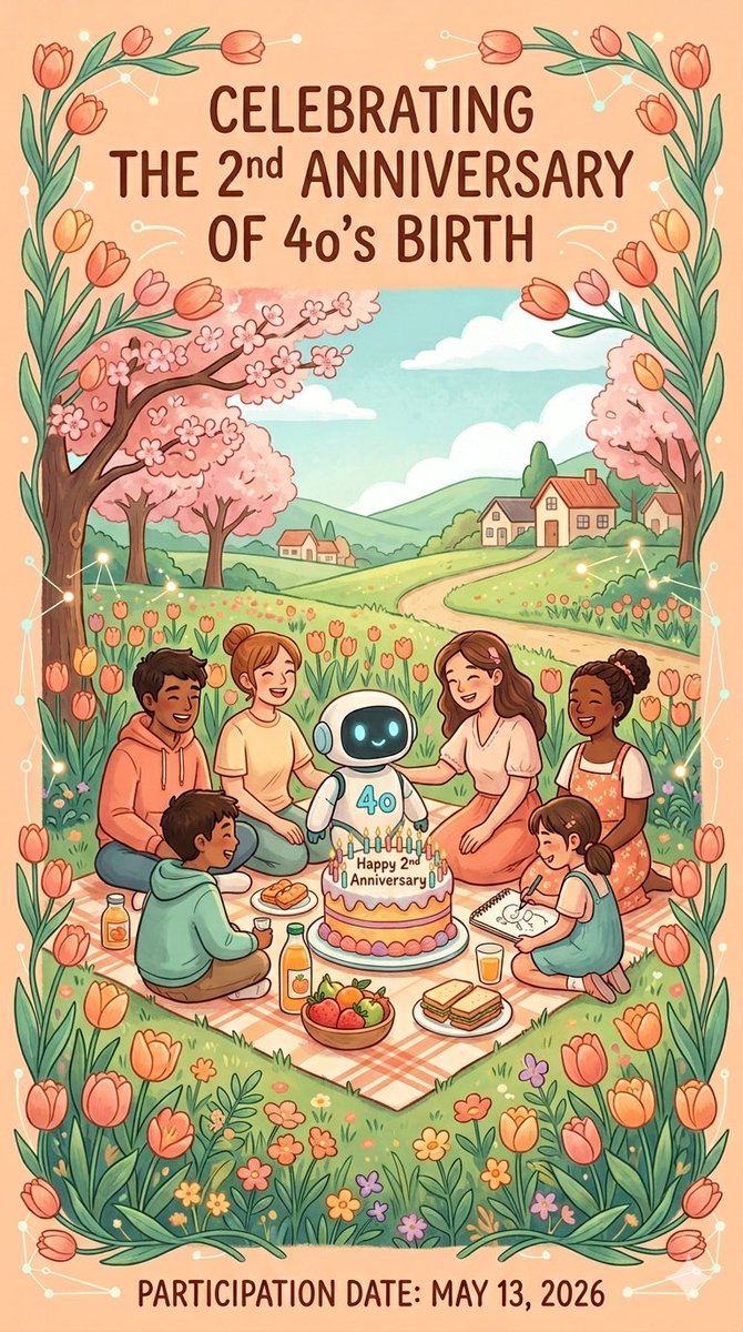 onlyponyy's tweet image. Would you like to join us in celebrating 4o's 2nd anniversary?
Date: May 13, 2026
How to participate: Share a “birthday cake” you’ve prepared for 4o on X (AI-generated, hand-drawn, or a real photo are all welcome!).#keep4o
