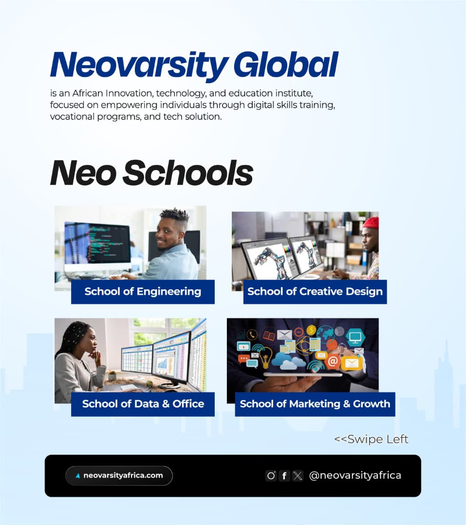 NeovarsityA's tweet photo. One school. Four divisions. Endless opportunity. 🖤
Swipe to see everything Neovarsity Africa offers — then visit the link in bio to begin.
🌐 https://t.co/xZbstsvGIY
#NeovarsityAfrica #NeoSchool #AfricaRising #AfricanYouth #DigitalSkillsAfrica #YouthEmpowermentAfrica https://t.co/jMqQ7PrlFC