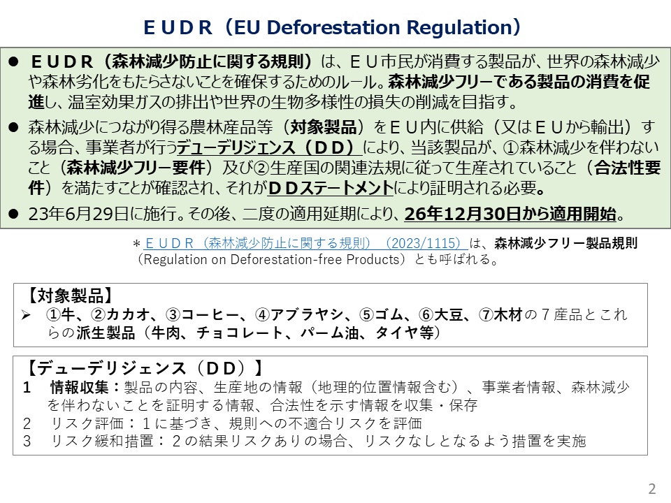 JapanMissionEU's tweet photo. ＥＵＤＲ（森林減少防止に関する規則）は、昨年末に、①本年12月30日からの適用開始（１年間の再延期）、②事業者に対する義務の簡素化等の規則修正が行われました。この修正等を反映した概要資料を掲載しましたので、こちら↓からご覧ください。
https://t.co/TMxH6muVYL https://t.co/uV2vKu292o