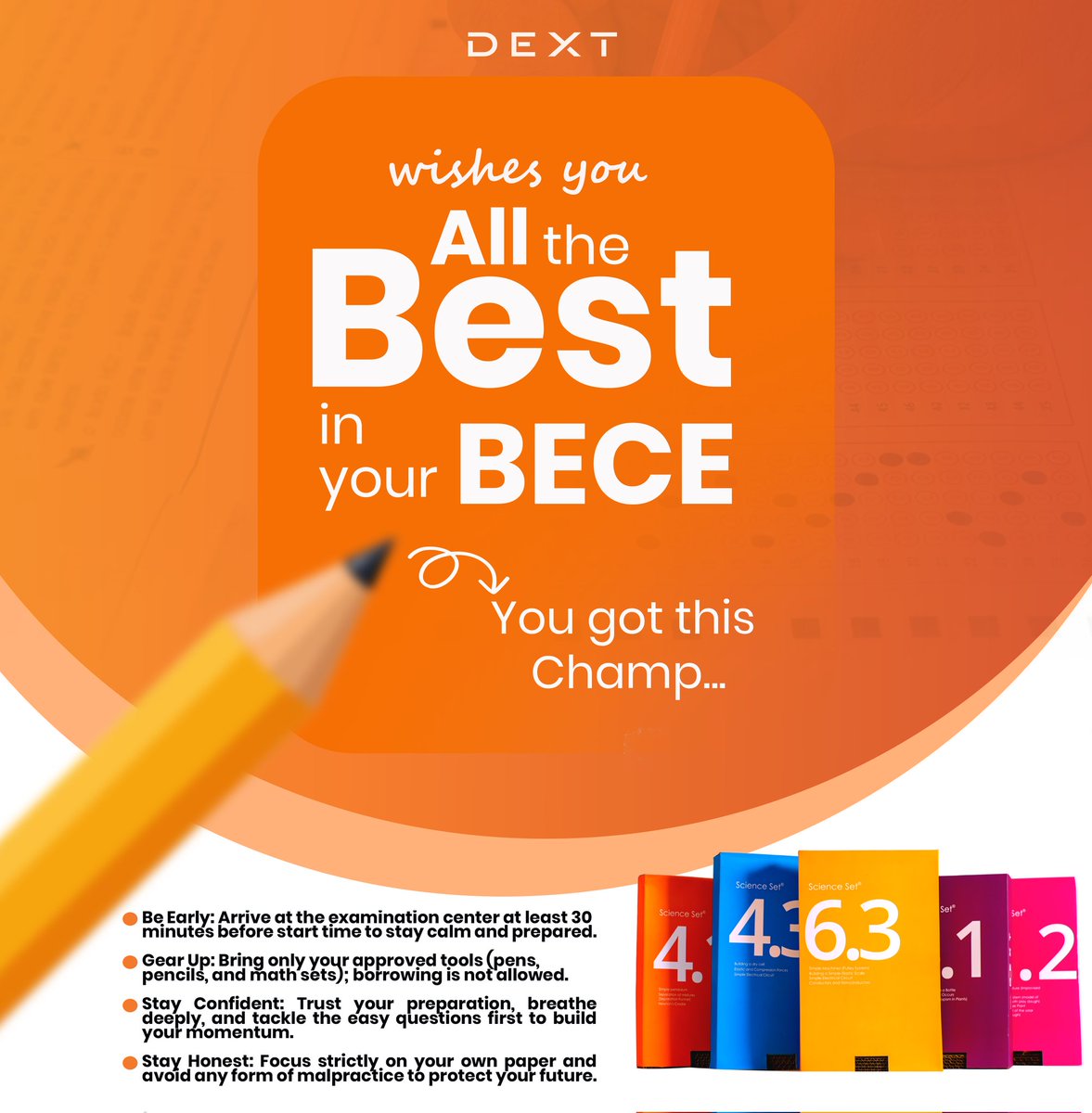 Dext_Tech's tweet photo. All the best to every student writing BECE✨

#BECE2026 #BestOfLuck #Dext #HardWorkPays #KeepGoing https://t.co/2bqwzUZDbJ