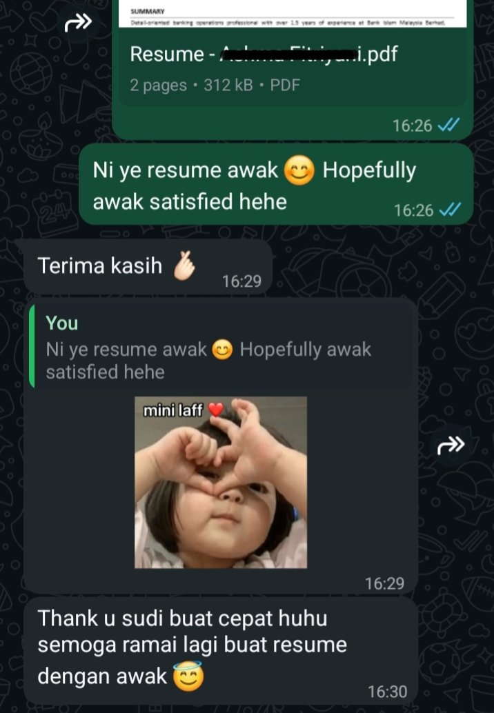 Edited 40+ resumes in April, soooo happy sbb dpt tolong ramai orang utk dapatkan their dream job with the resume yg i buatkan 🩵

Btw, slot dah open ye utk bulan ni, servis resume i RM10 je &amp; format ats friendly 🥰 Boleh reach out to me here if berminat - wa.link/ufkfvm