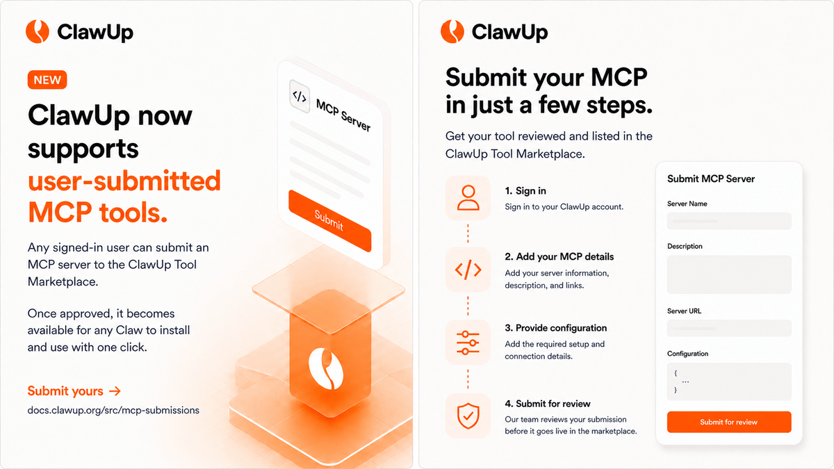 ClawUpAI's tweet photo. ClawUp now supports user-submitted MCP tools.

Any signed-in user can submit an MCP server to the ClawUp Tool Marketplace. Once approved, it becomes available for any Claw to install and use with one click. https://t.co/mTXOYs9OrR