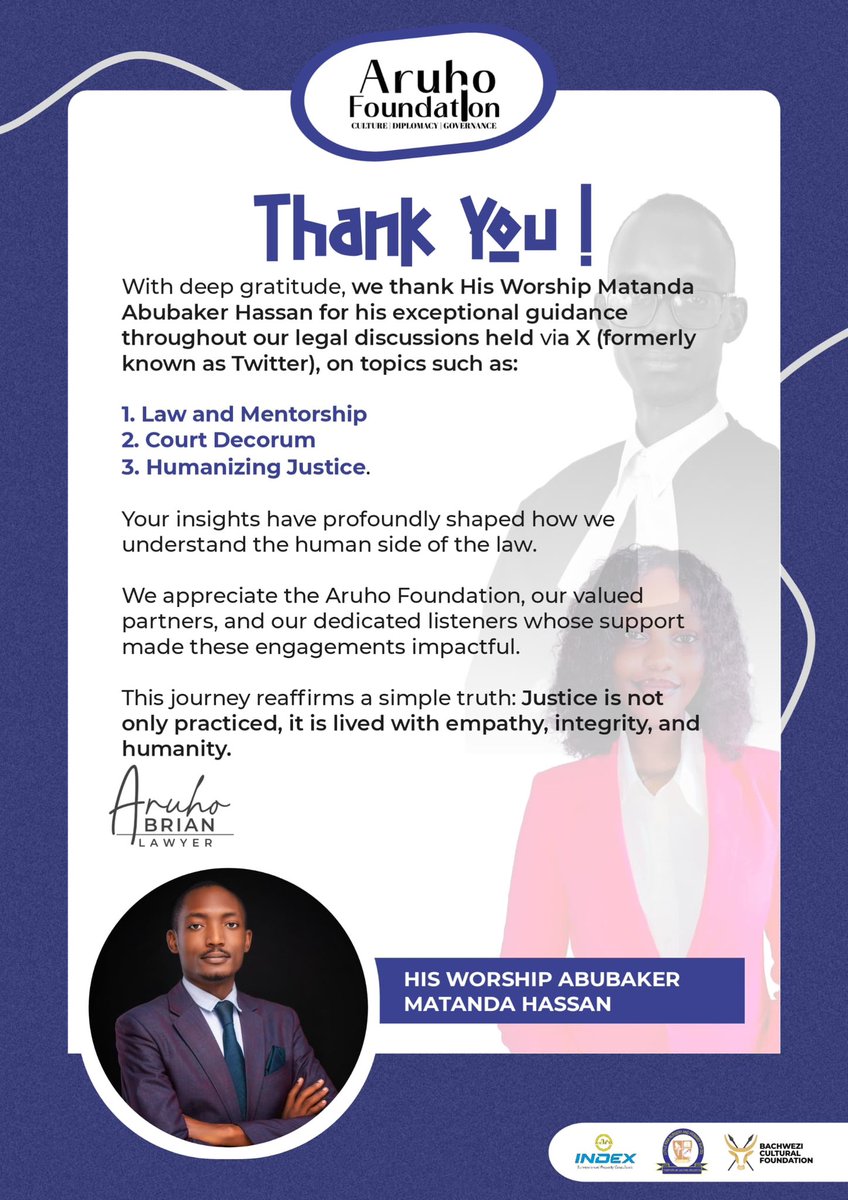 Mr_Aruho's tweet photo. ⚖️

With deep gratitude, we thank His Worship Matanda Abubaker Hassan for his exceptional guidance throughout our legal discussion series; from Mentorship and Professional Responsibility to Court Decorum and the vital conversation on Mental Health in Justice.

Forever Humbled! https://t.co/MICgtgObTf
