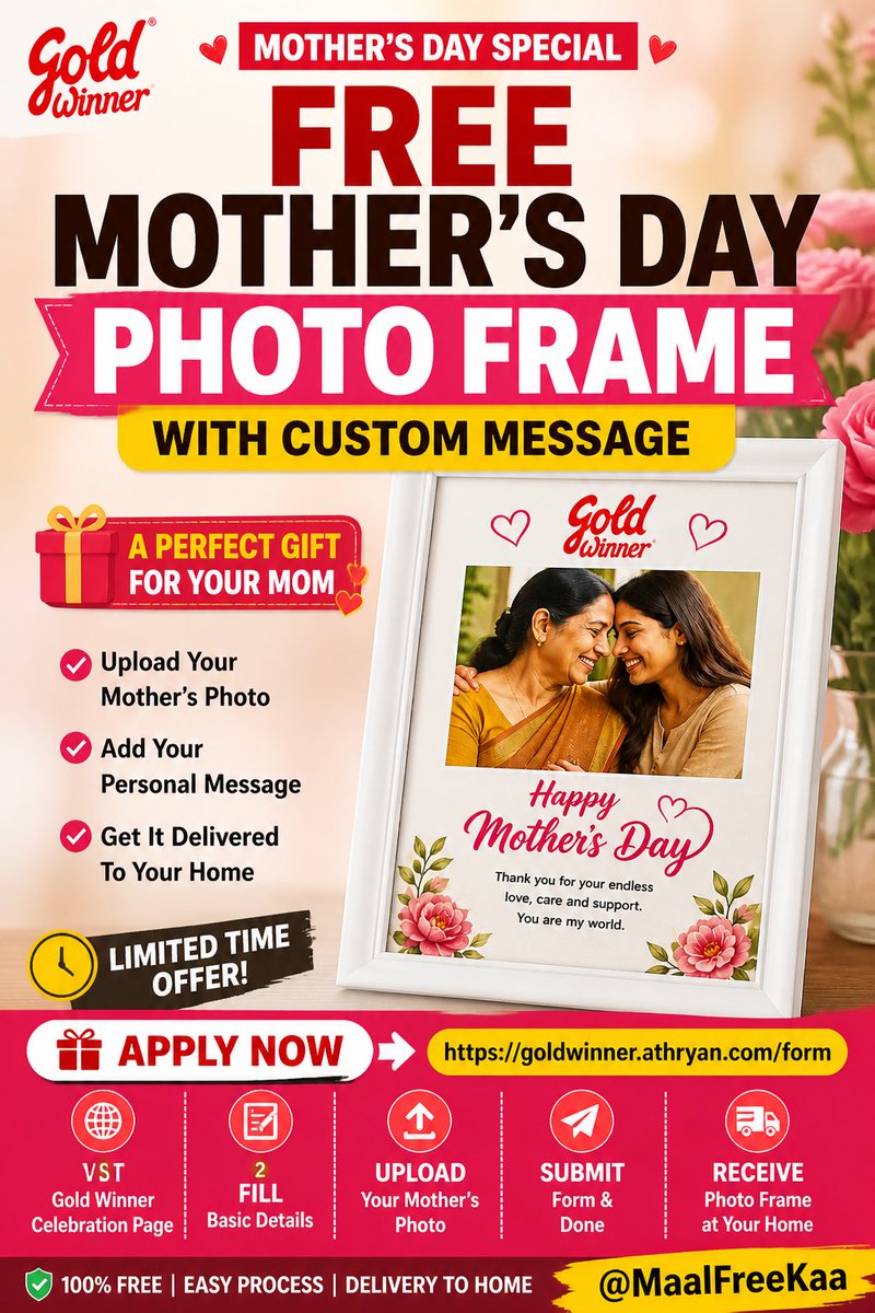 MaalFreeKaa's tweet photo. 🎁 Free Mother’s Day Photo Frame 💝
Upload photo + add message = surprise for mom ❤️
👉 Apply here:
https://t.co/kJDAX3NAgw
#MothersDay #Freebies #IndiaDeals #GiftIdeas https://t.co/cWETXEyjJQ