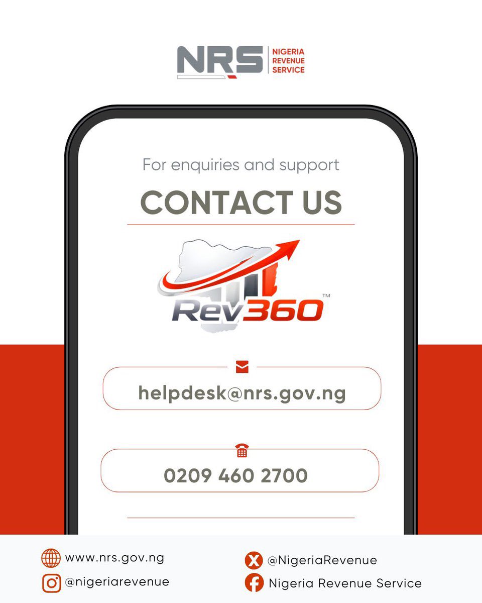 seraphtheoracle's tweet image. For enquiries, support and guidance on using Rev360 by @NRS
📧 helpdesk@nrs.gov.ng
📞 0209 460 2700

#Rev360 #CustomerSupport #NigeriaRevenueService