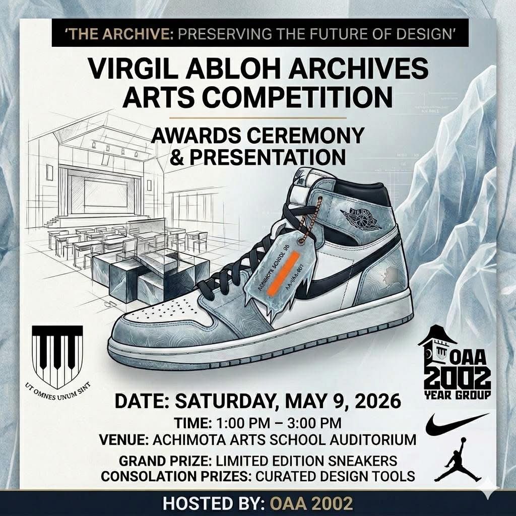 AchimotaSchool's tweet photo. Witness the intersection of heritage and disruption at "The Archive: Preserving the Future." Join OAA 2002 for the Virgil Abloh Archives Arts Competition Awards, featuring a keynote from architect &amp; fashion designer Akora Klortsoo Okai-Gawuga.  @Klortsoo 

Everything is a remix. https://t.co/8mEozzKbw6