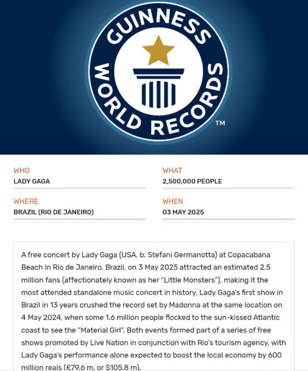Show us the Guinness World Records entry confirming that 2.5 million people attended Shakira’s concert. Your turn?