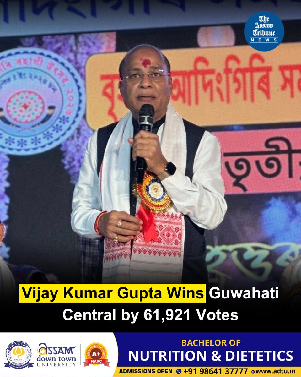 assamtribuneoff's tweet image. #ResultsWithTheAssamTribune | BJP candidate Vijay Kumar Gupta has won the Guwahati Central constituency by a margin of 61,921 votes on May 4.

His opponents Kunki Chowdhury of the Assam Jatiya Parishad finished behind with 39,376 votes.

#guwahati #assam #electionresult2026
