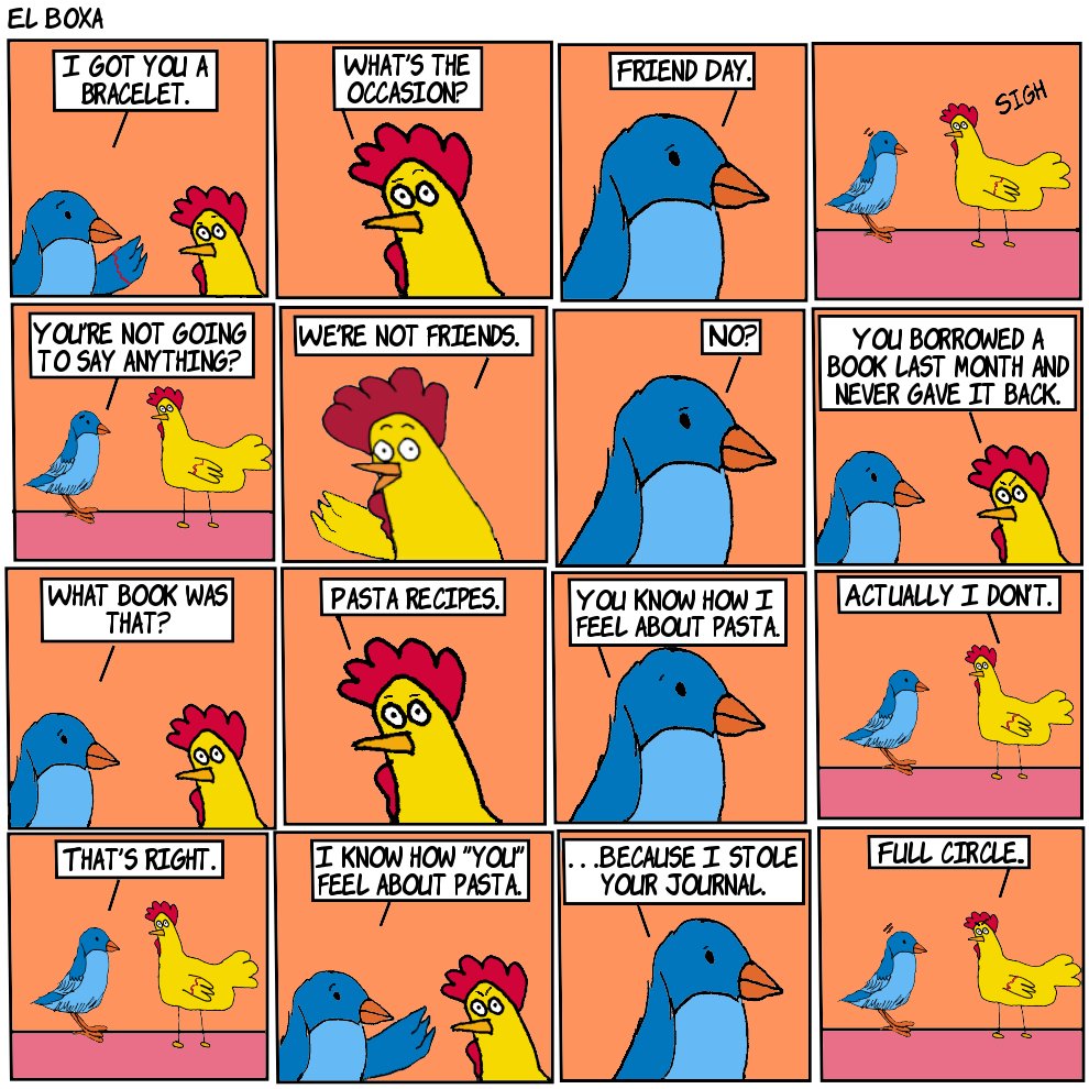 BoxaEl's tweet image. Bracelet
#comics #cartoon #comicstrips #webcomics #humor #funny #illustration #drawing #birds #chicken #bracelet