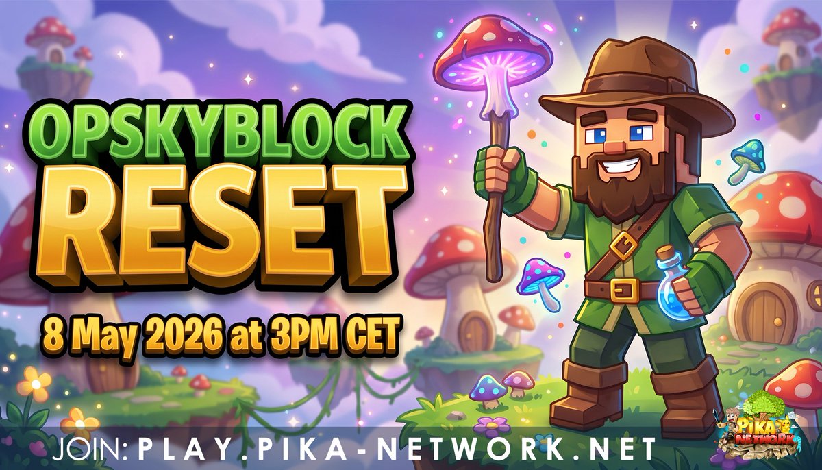 PikaNetworkMC's tweet photo. OpSkyblock reset - Friday 8 May 2026 at 3PM CET!

To celebrate, we are running a giveaway for:
  ▪️1x €50 Store Giftcard

Follow us, Retweet, and Like to enter.
Good luck!

📚https://t.co/qCpPSW4tVo https://t.co/MAV58Q4110