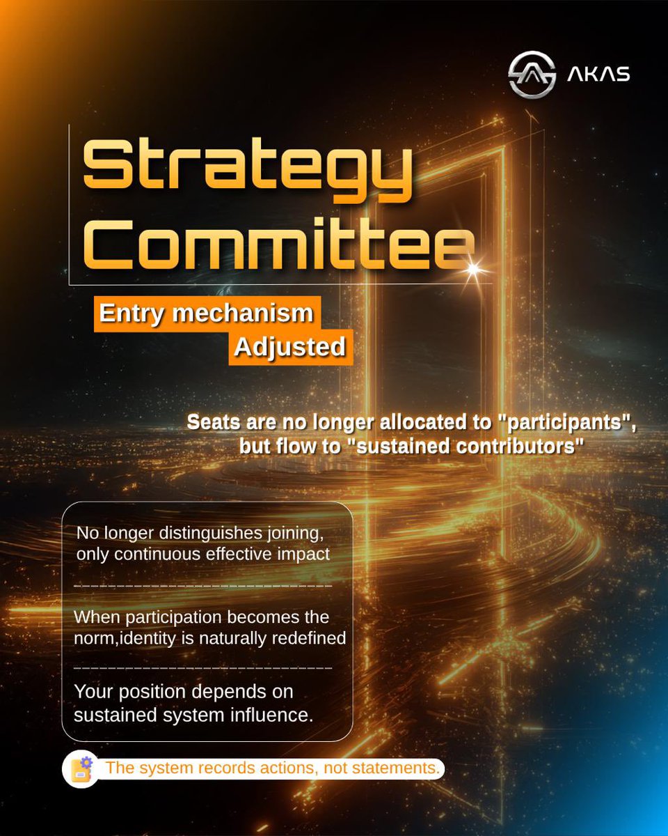 AKASOfficial_'s tweet photo. 🏛️ Strategy Committee
Seats belong to consistent contributors 🚀

Not about joining, but value creation

System records actions, assigns dynamically
Position is defined by long-term impact

Qualification is the result, not the start

#StrategyCommittee #AKAS #ContributorSystem #LongTermism #DynamicSeats
