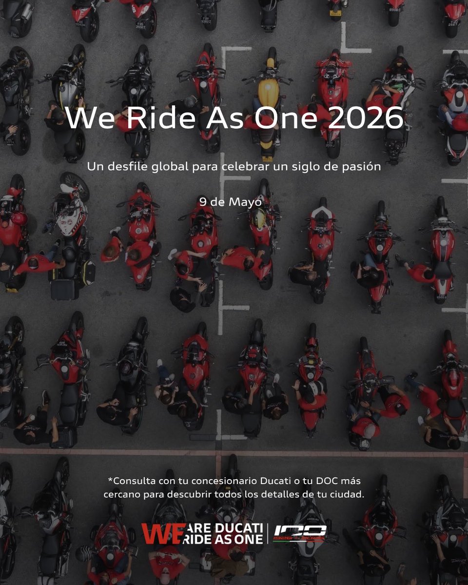 ducatiesp's tweet image. 9 mayo 2026 #WeRideAsOne

Ducatistas de todo el mundo rodando al mismo tiempo 🌍
 Uniendo ciudades, rutas y pasión en un evento único.

Únete desde tu concesionario o DOC y forma parte de algo grande.

Rodemos juntos ducati.com/es/es/experien…
 #Ducati #WeRideAsOne