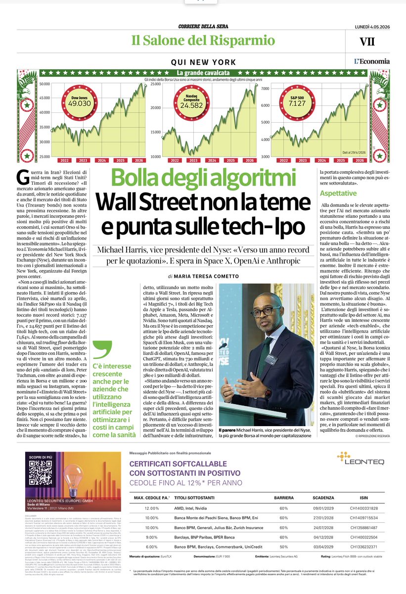 mtcometto's tweet image. Perché #WallStreet è ottimista. Lo spiega il vicepresidente del @NYSE su @L_Economia @Corriere #record #Borsa #america #USA