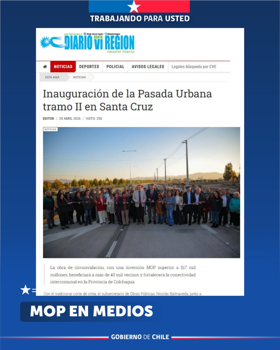 MOPOHiggins's tweet photo. #MOPEnMedios
 📲🗞️ | Compartimos publicación de diversos medios regionales que destacan la inauguración de la Pasada Urbana de Santa Cruz, ceremonia que fue liderada por el Subsecretario de Obras Públicas.

#PasadaUrbana
#SantaCruz
#TrabajandoParaUsted 🇨🇱 https://t.co/1hvjAsWXd3