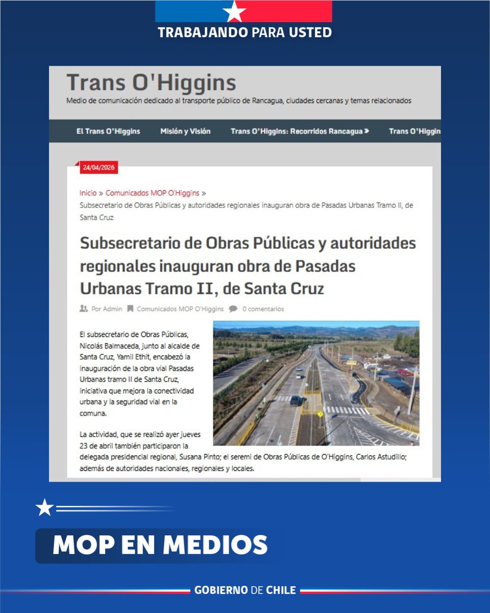 MOPOHiggins's tweet photo. #MOPEnMedios
 📲🗞️ | Compartimos publicación de diversos medios regionales que destacan la inauguración de la Pasada Urbana de Santa Cruz, ceremonia que fue liderada por el Subsecretario de Obras Públicas.

#PasadaUrbana
#SantaCruz
#TrabajandoParaUsted 🇨🇱 https://t.co/1hvjAsWXd3
