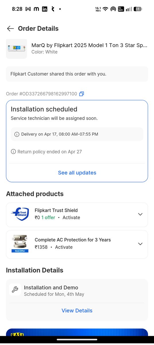 Sanjuzz6's tweet photo. @Flipkart @flipkartsupport 
 MarQ AC delivered Apr 17. Installation pending since Apr 22. Rescheduled 4+ times. Every time new tech, asks reschedule code, then no-show.
False updates saying "customer not ready". Support repeats "24 hrs" &amp; closes tickets.
Fix this ASAP please https://t.co/p5PANRNTGz
