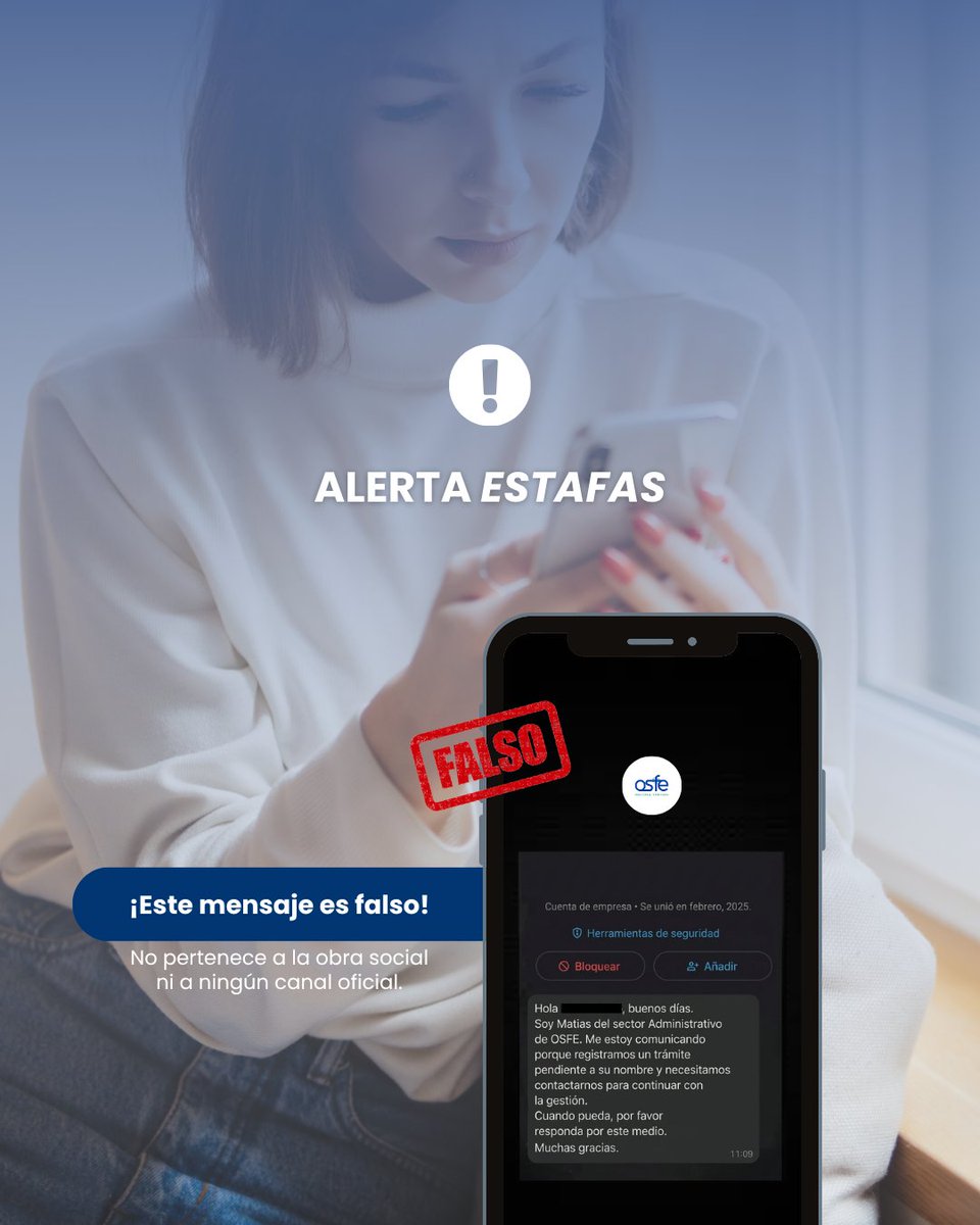 OsfePrensa's tweet photo. ⚠️🚫Se han detectado contactos telefónicos y mensajes dirigidos a afiliados/as, en los cuales se brinda información errónea o falsa sobre supuestos convenios inexistentes, con el objetivo de inducir a error y promover traspasos de cobertura de salud. https://t.co/6YYxMRi5Vw