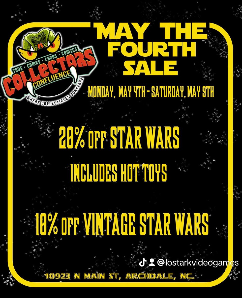LostArkVG's tweet photo. Happy Star Wars Day! May the Fourth be with you. We don't have any Star Wars merch but our friends over at Collectors Confluence in Archdale have a ton of Star Wars toys! You should check them out! 🖤 https://t.co/PIwD87tALI