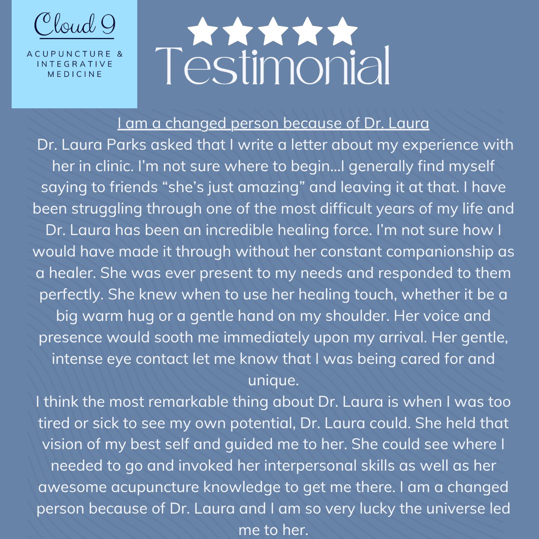 Cloud9AcuSparks's tweet image. Grateful for the healing journey with Dr. Laura at Cloud 9 Acupuncture. Her care and guidance made all the difference! 🌟 #Testimonial #Healing #Acupuncture
#Wellness #SelfCare #Mindfulness #HolisticHealth #AlternativeMedicine #MentalHealthMatters #HealingJourney #Gratitude