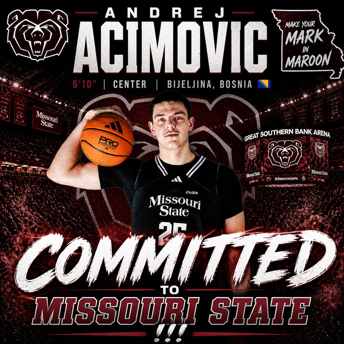 MiljanVeskovic's tweet image. Andrej Acimovic (6'10"-C-06) has officially committed to Missouri State Bears men's basketball. Coach Cuonzo Martin adds a high-upside big man to their frontcourt @MoStateMBB #SportConnect #agency🏀 #NIL