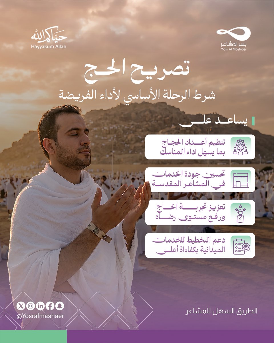 YosrAlmashaer's tweet photo. 🕋 الحج بتصريح.. أمان لك ولغيرك
الحج عبادة عظيمة، وأداؤها بالشكل الصحيح يبدأ من خطوة واحدة: استخراج التصريح.
التصريح مو مجرد ورقة، هو اللي يضمن لك: 
✅ تنظيم أفضل وزحام أقل 
✅ خدمات صحية وإسعافية متوفرة
 ✅ سلامتك وسلامة إخوانك الحجاج 
#يسرالمشاعر #وزارةالحج https://t.co/gDb7B4Ksju