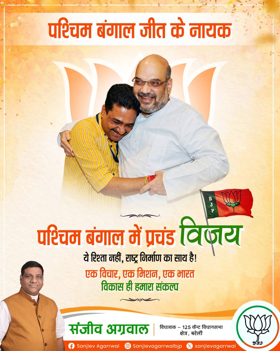 sanjievagarrwal's tweet photo. पश्चिम बंगाल जीत के नायक पश्चिम बंगाल में प्रचंड विजय ये रिश्ता नहीं, राष्ट्र निर्माण का साथ है!

एक विचार, एक मिशन, एक भारत विकास ही हमारा संकल्प l
.
.
.
#BJPUP #BJPIndia #BJP4IND #BJP4UP #YogiAdityanath #Bareilly #बरेली #BJP4Bareilly #भाजपा #BJP #भाजपा_बरेली https://t.co/Z7rNvBNgHl