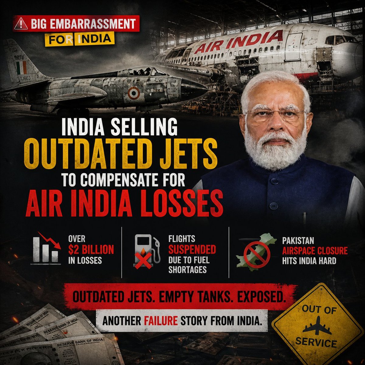 INY78600's tweet image. 🚨 🇮🇳 BIG EMBARRASSMENT FOR INDIA  

#India are selling outdated Indian Air Force jets and refurbishing old aircraft to compensate for losses of #AirIndia.
#Modi