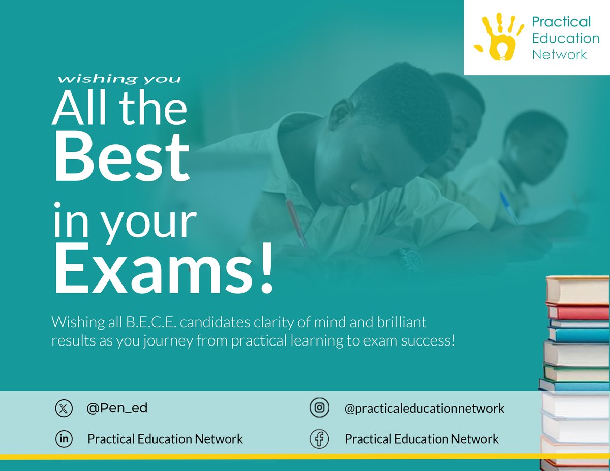 PEN_ed's tweet photo. PEN wishes all learners sitting for the BECE exams in Ghana this week the very best in their papers. 

You’ve got this!

 #BECE2026 #GhanaEducation #ExamWeek #StudentSuccess #BestOfLuck #FutureLeaders #EducationMatters #GhanaStudents https://t.co/Rt0pffUd6B
