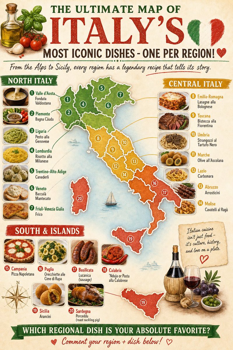 🍝 THE ULTIMATE MAP OF ITALY’S MOST ICONIC DISHES - One Per Region! 🇮🇹❤️

From the Alps to Sicily, every Italian region has a legendary recipe that tells its story. Here’s the full list:

North Italy
•  Valle d’Aosta → Fonduta Valdostana
•  Piemonte → Bagna Càuda
•  Liguria