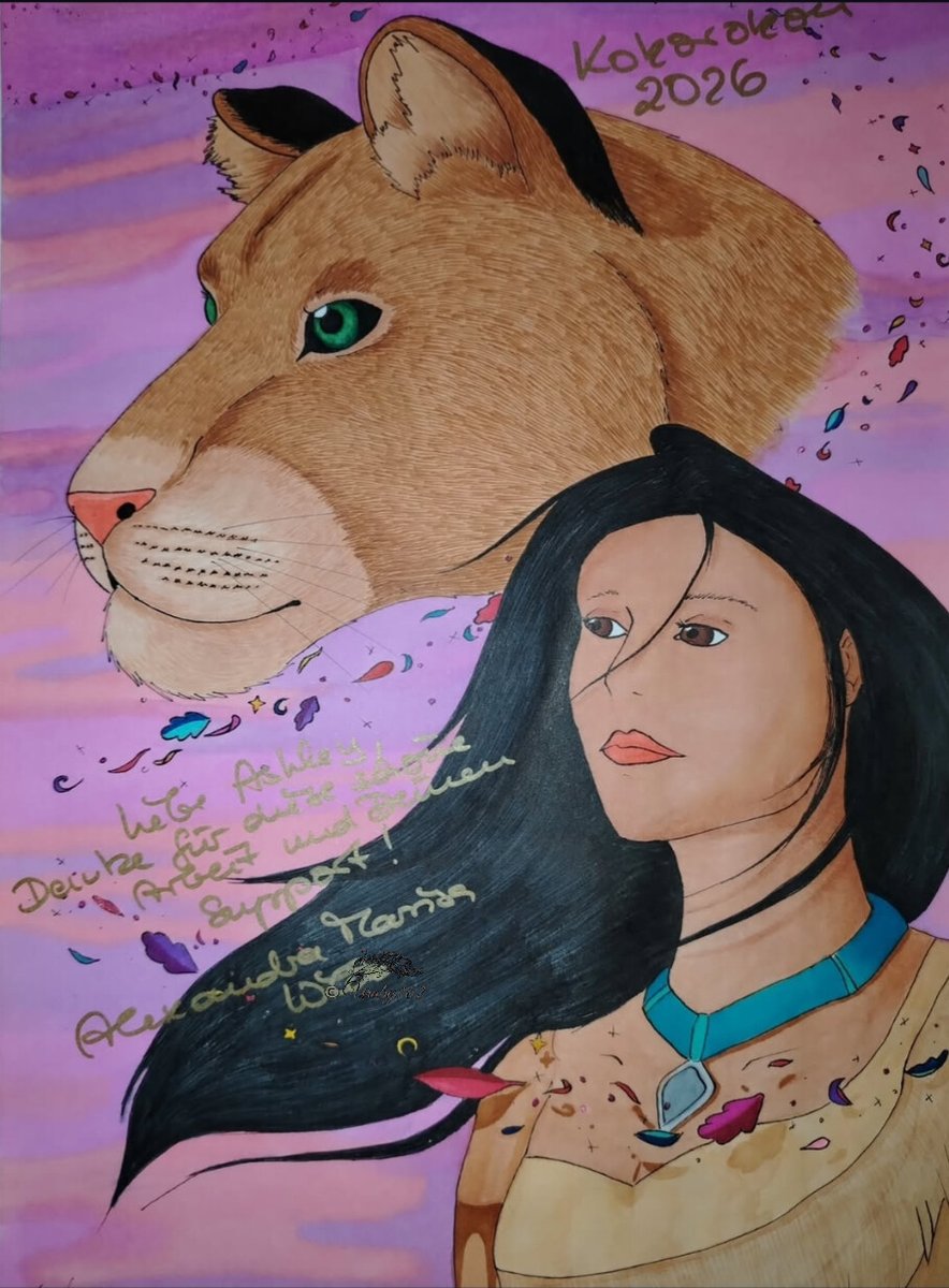 neira479's tweet image. I totally forgot to post the finished picture. In Austria was an Anime Convention and the German Voice of Pocahontas and Nala were there. I was sok excited to meet her. And forgot to upload this 🥰

#lionking #pocahontas #voiceactor