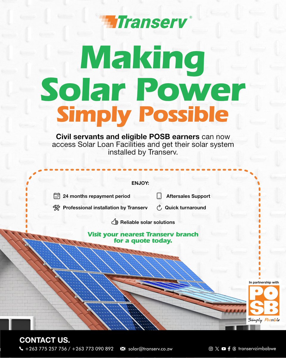 TranservZim1's tweet image. Enjoy reliable solar power with flexible repayment options and professional installation by Transerv.
#SolarPower #SimplyPossible #GoSolarZW