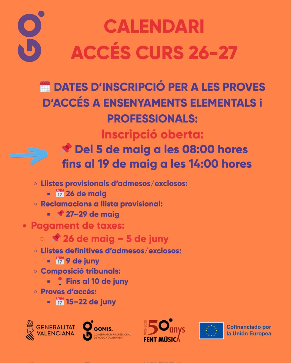 cpmgomis's tweet photo. INSCRIPCIÓ PROVES D’ACCÉS 🎶🎭
Curs 2026–2027
 ✅ Ensenyaments Elementals
 ✅ Ensenyaments Professionals
📌 Del 5 al 19 de maig
 🕗 De les 08:00 h del dia 5
 🕑 Fins a les 14:00 h del dia 19 https://t.co/JC4UJCWjmJ
