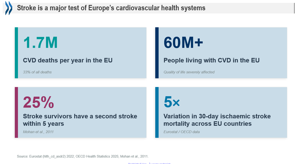 ESOstroke's tweet photo. Stroke is a major test of Europeโs CVH systems - and the numbers are stark.
Katherine de Bienassis @OECD highlighted how the State of CVH in Europe report builds on #StrokeActionPlan and #SST data.
We need a clear call for stronger, more equitable stroke care across Europe. https://t.co/31VC5l6aGI