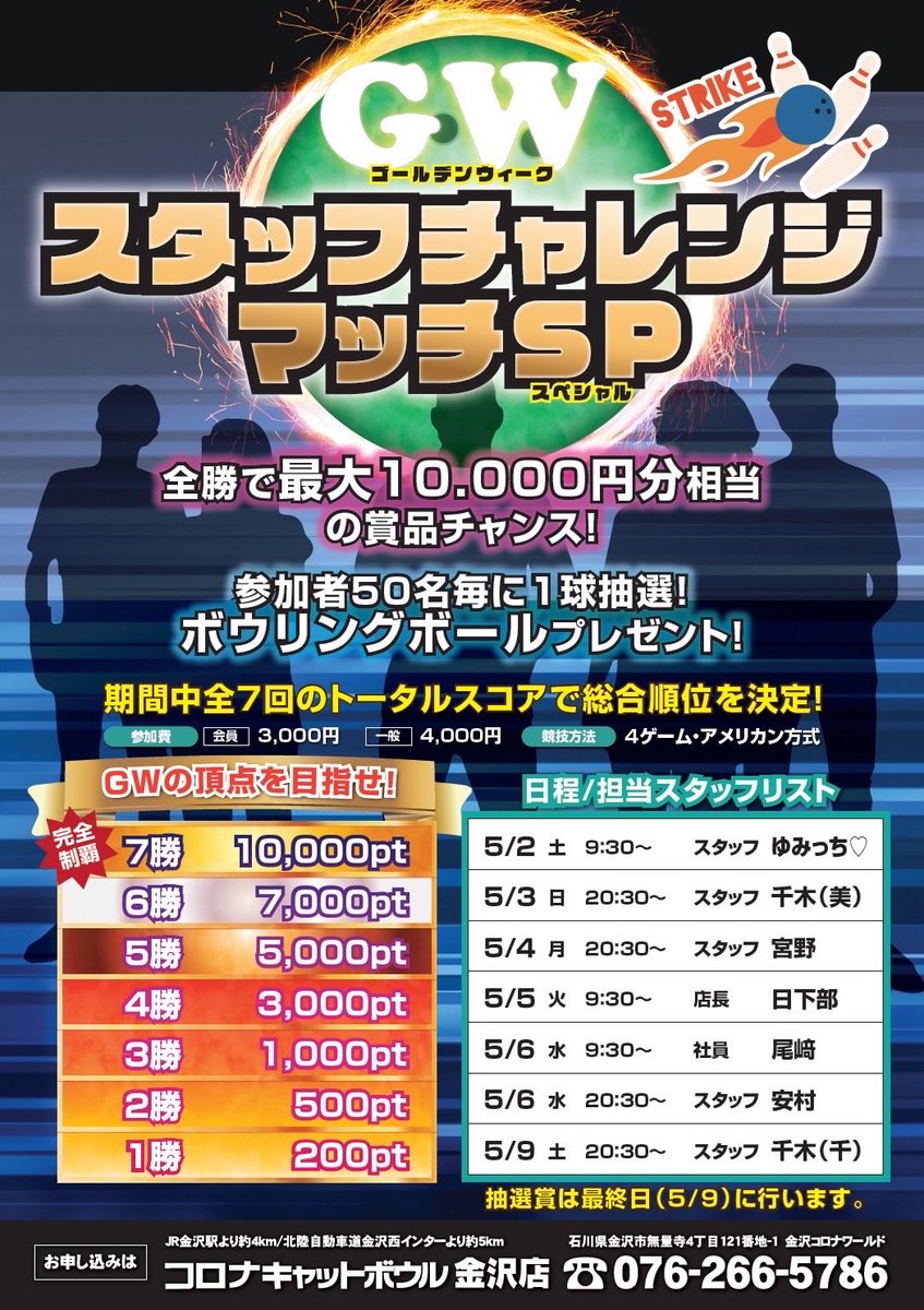 CatBowlKnzw's tweet photo. 【GWスタッフチャレンジマッチSP】
3日目は金沢店のイケメンスタッフ😍
宮野チャレンジ🎳スタートしました！

参加者が増えれば増えるほどボール抽選に当たる確率UP⁉️

明日は9:30〜店長 日下部チャレンジです！
たくさんのご参加お待ちしております🤗✨ https://t.co/a1UwDtdhFy