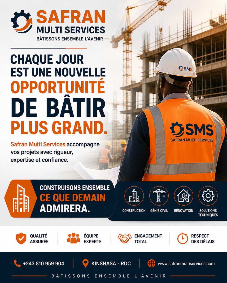 MultiSafran's tweet image. Chaque jour est une nouvelle opportunité de bâtir plus grand.
Safran Multi Services, votre partenaire de confiance pour des réalisations solides et durables.

#SafranMultiServices #BâtirLavenir #Excellence #Construction #Innovation #Confiance #Kinshasa #RDC #EntrepriseCongolaise