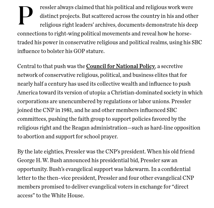 JosiahHawthorne's tweet photo. "In a confidential letter to the then–vice president, Pressler and four other evangelical CNP members promised to deliver evangelical voters in exchange for “direct access” to the White House." https://t.co/vEPSYeLJtq