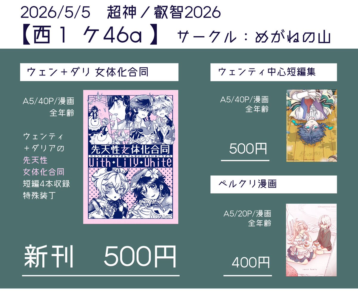 high_sen_chan's tweet photo. 明日のお品書き！
新刊はウェとダの女体化合同です！！
西1ホール【ケ46a】で頒布します！！ https://t.co/uRhLbmNxyB