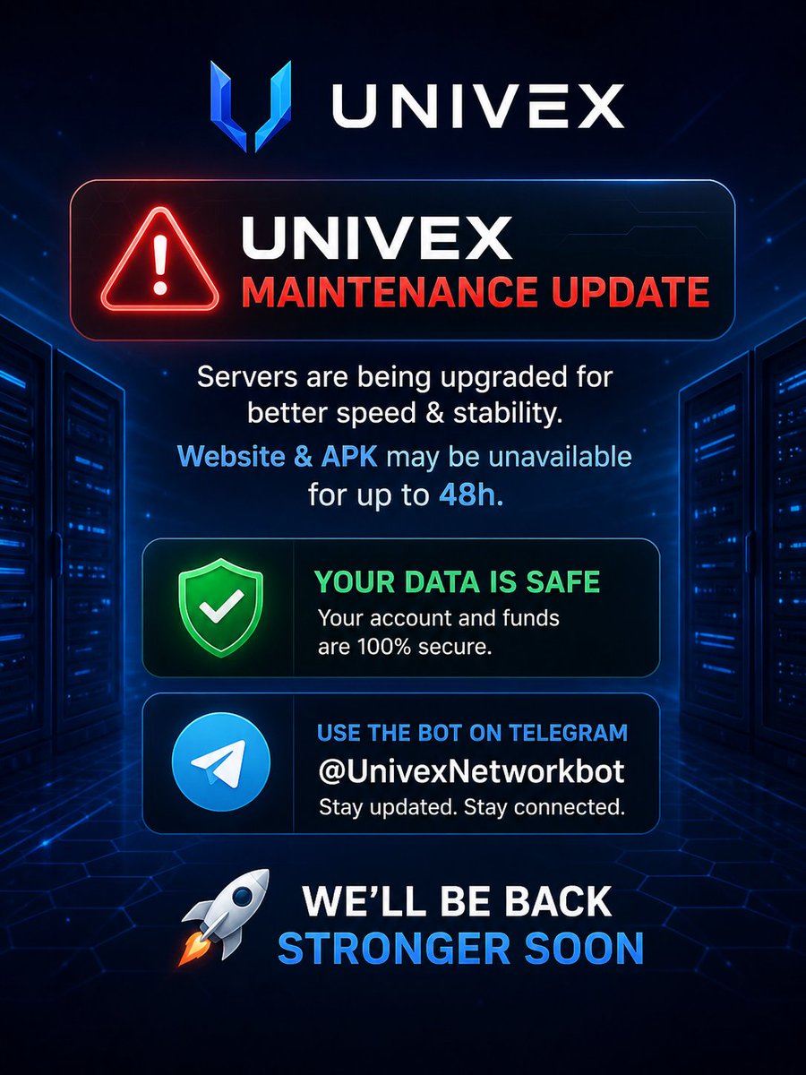 Masboy1717's tweet image. 🚨 Univex Maintenance Update

Servers are being upgraded for better speed &amp;amp; stability. Website &amp;amp; APK may be unavailable for up to 48h.

✅ Your data is safe
🤖 Use the bot on Telegram: @UnivexNetworkbot

We’ll be back stronger soon 🚀
#Univex #Web3 #Crypto