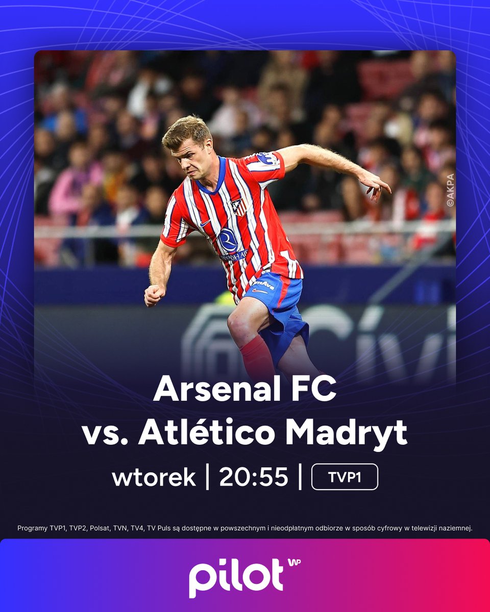PilotWP_'s tweet photo. Arsenal FC nie przegrał jeszcze żadnego meczu w ramach aktualnej ligi, czy teraz poradzą sobie równie dobrze? 🤔

Oglądaj razem z nami na TVP1* o 20:55 w Pilocie WP!  ⚽🔥

—
*Programy TVP1, TVP2, Polsat, TVN, TV4, TV Puls są dostępne w powszechnym i nieodpłatnym odbiorze w sposób cyfrowy w telewizji naziemnej.