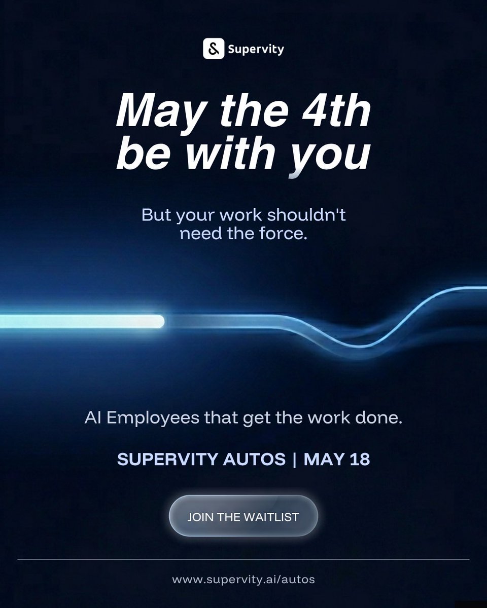 SupervityAI's tweet image. May the 4th be with you. ⚡
But getting work done shouldn’t require the Force.
It should just… happen.
Meet Autos: AI employees that gets work done.
Launching May 18.
Join the waitlist → supervity.ai/autos

#Autos #AIEmployees #Supervity #AgenticAI #AIWorkforce