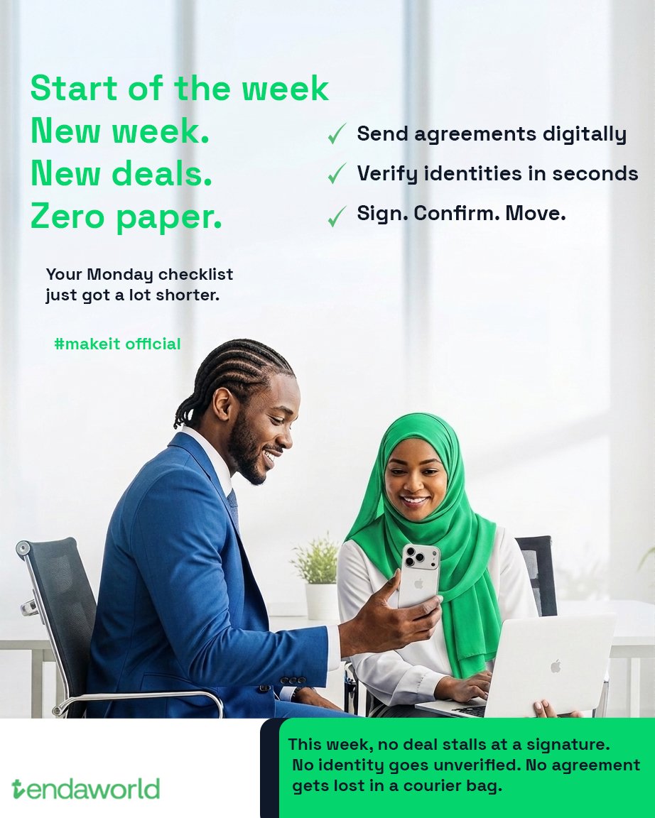 tenda_world's tweet photo. Monday energy: sorted. ✓ New week, new deals and this time nothing stalls at a signature. Send agreements. Verify identities. Sign and confirm. All before your second coffee. Link in bio. #MondayMotivation #MakeItOfficial #Tendaworld #GoPaperless https://t.co/9ssobhIy30