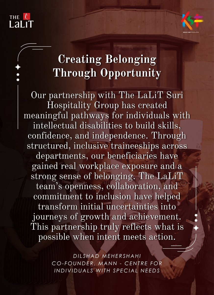 KSF_IN's tweet photo. Dilshad Mehershahi from Mann - Centre for Individuals with Special Needs shares her experience with @TheLalitGroup - an inspiring partnership redefining inclusion through #compassion, #empowerment, and #opportunity. https://t.co/v6tGFLDgrd