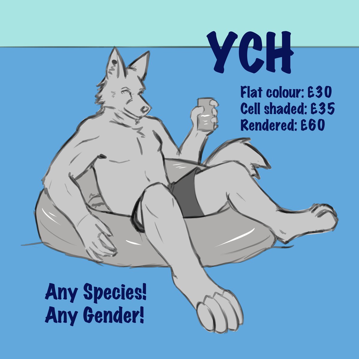N_DFursuits's tweet photo. Summer YCH for any species or gender, lounging in an inflatable ring, which can be customised (within reason) and a drink of choice (bottle, can, or glass)
Prices start at £30
#YCH #FurryArt #FurryArtist #Commission #Fursona #ychopen #FurryCommission #FurryArtworks https://t.co/zpFbiL13hI